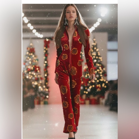 Oyrosy Elegant Red Floral Rose Velvet Zip up  Long Sleeve  Retro Jumpsuit M - Picture 14 of 15